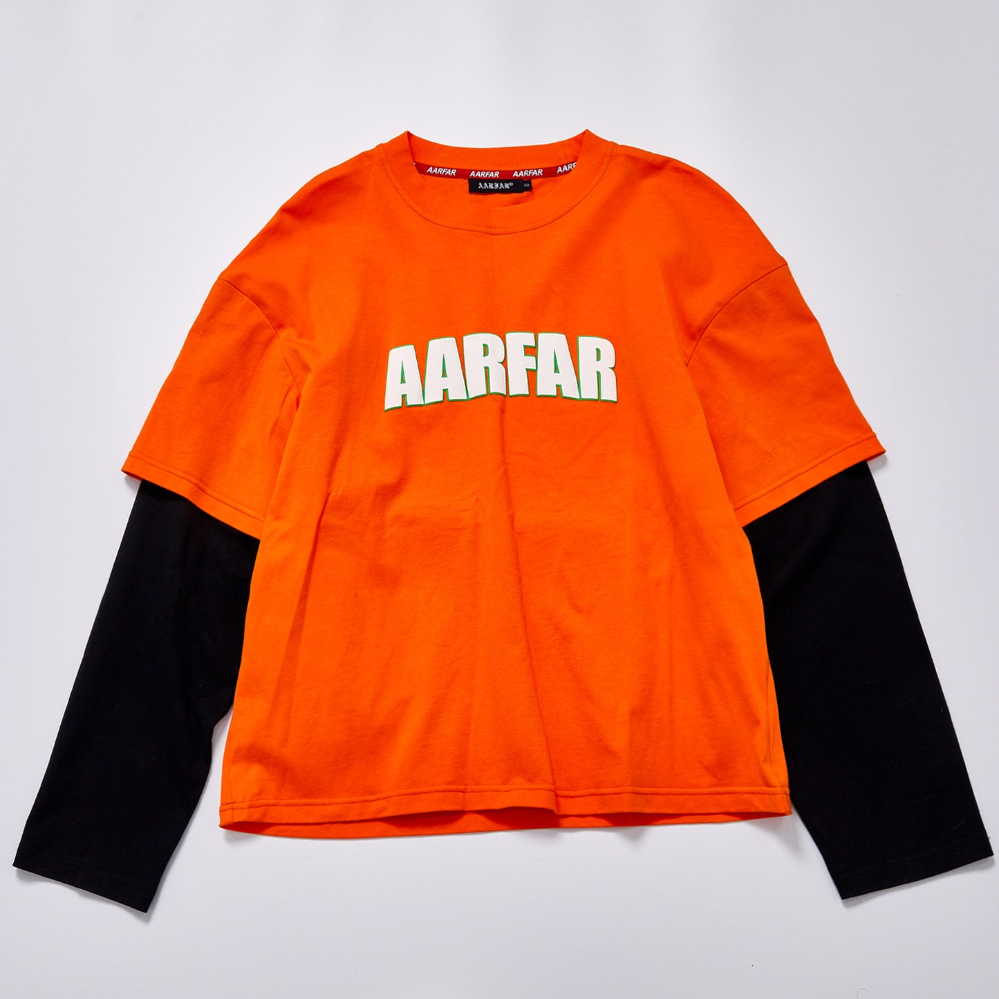 Two-Tone Fake Two Piece Long Sleeve T-Shirt Unisex Streetwear Orange Contrast Print Graffiti Letter Loose Fit Casual Layered Tee