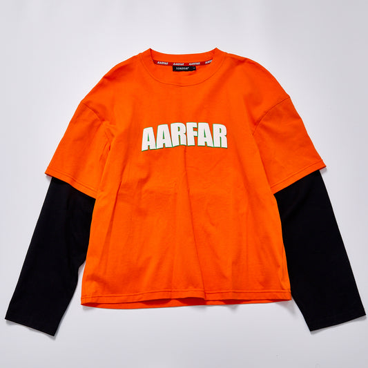 Two-Tone Fake Two Piece Long Sleeve T-Shirt Unisex Streetwear Orange Contrast Print Graffiti Letter Loose Fit Casual Layered Tee