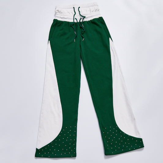 Double Waistband Rhinestone Contrast Panel Flare Sweatpants Unisex Casual Spring High Waist Drawstring Color Block Streetwear Loose Sport Track Pants Trousers