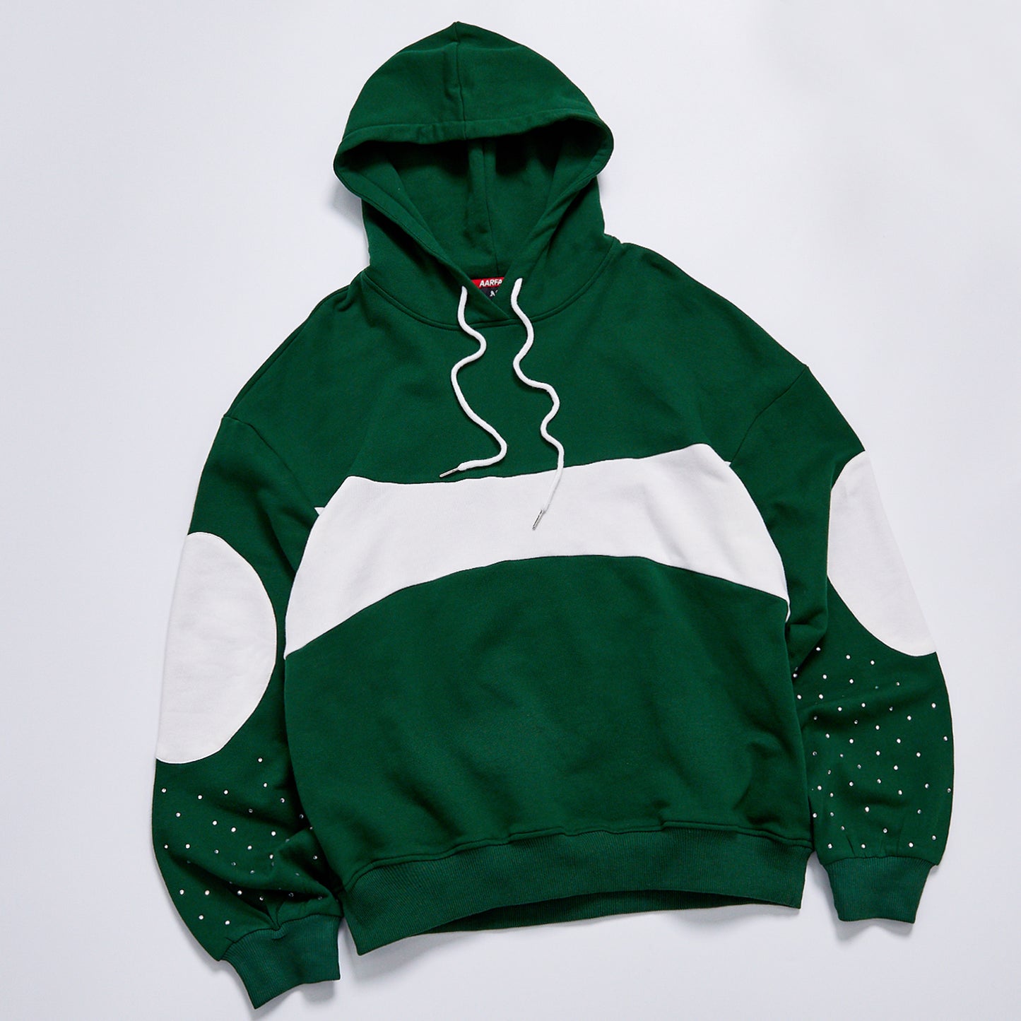 英文标题：Custom Rhinestone Patchwork Contrast Color Hoodie Unisex Daily Drawstring Pullover Hooded Sweatshirt Streetwear Casual Loose Long Sleeve Top Outerwear