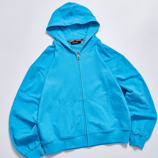 Custom Embroidered Logo Solid Bright Blue Unisex Autumn Hooded Zip Up Cropped Hoodie Streetwear Loose Casual Daily Sweatshirt Outerwear