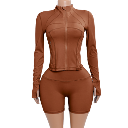 Custom Logo Two Piece Women Nylon Jacket Shorts Set pink Sport Outfit Fitness Gym Workout Wear Zipper Tracksuit Sets for Women