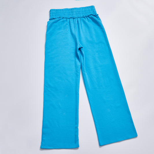 Custom Logo High Waist Ruffle Elastic Waistband Solid Blue Wide Leg Sweatpants Women Casual Loose Straight Pocket Streetwear Daily Lounge Sweat Pants Trousers