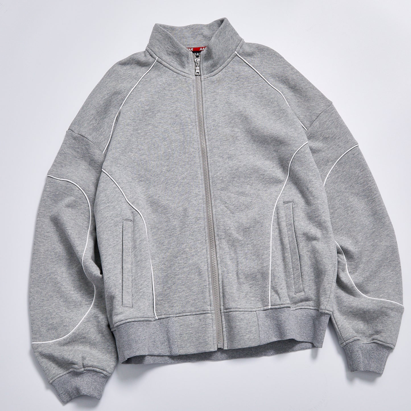 Custom Logo Reflective Piping Heather Gray Unisex Spring Stand Collar Zip-Up Loose Sweatshirt Jacket Streetwear Casual Racing Track Knit Outerwear