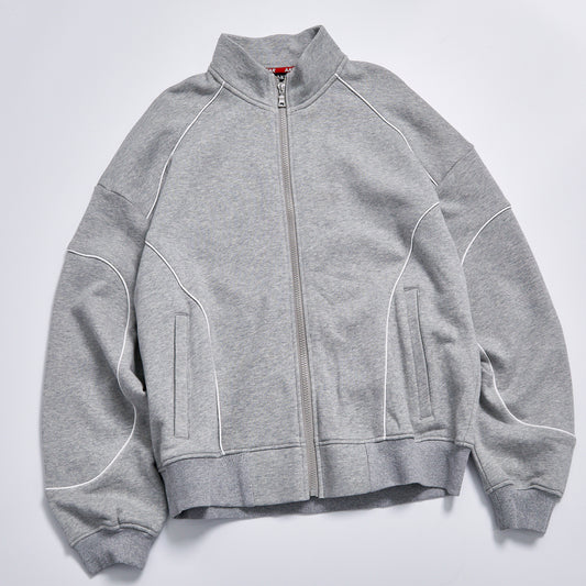 Custom Logo Reflective Piping Heather Gray Unisex Spring Stand Collar Zip-Up Loose Sweatshirt Jacket Streetwear Casual Racing Track Knit Outerwear