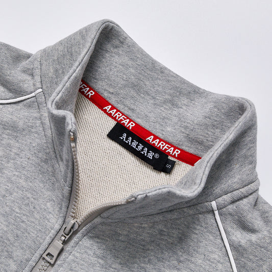 Custom Logo Reflective Piping Heather Gray Unisex Spring Stand Collar Zip-Up Loose Sweatshirt Jacket Streetwear Casual Racing Track Knit Outerwear