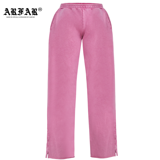 100% Cotton Split Hem Women Acid Washed Pink Pants