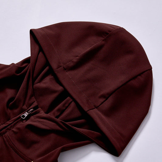 High Quality hooded slim zip workout jacket burgundy stretch fitness hooded outer layer embroidered logo quick dry workout hooded long sleeve  4-way stretch nylon spandex quick dry fabric yoga pilates training