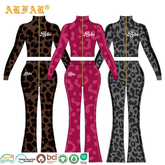 2026 Spring Women's Clothing Custom Cheetah Print Two-piece Set Full Zip up Hoodie with Flare Pants 2 Piece Women Sets