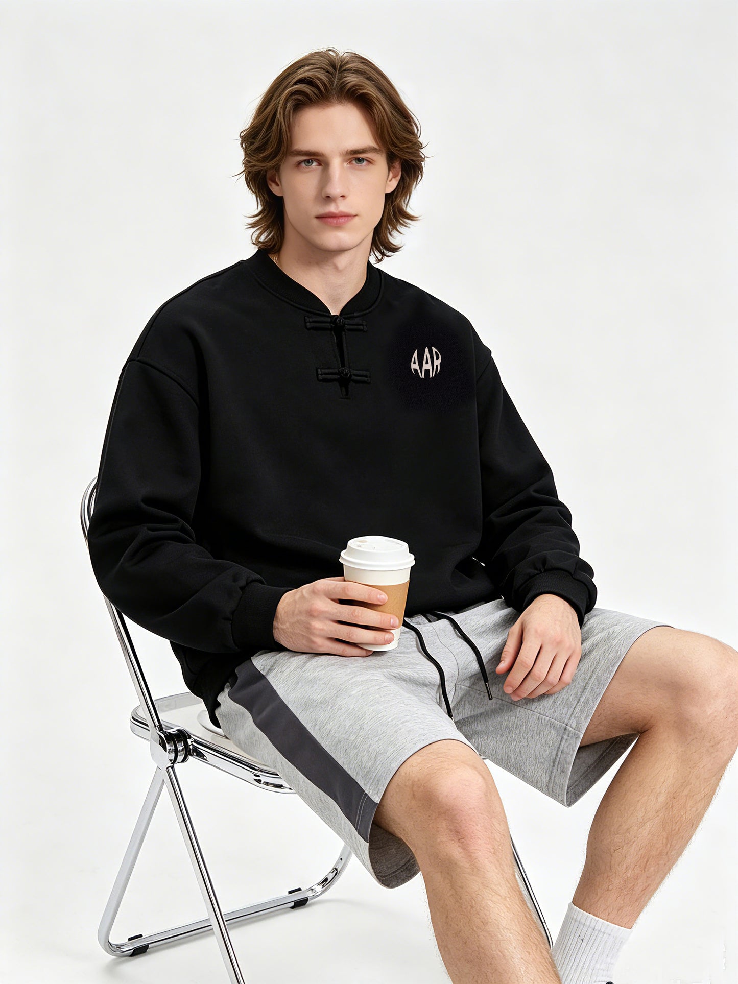 custom chinese style embroidered fleece pullover drop shoulder relaxed fit crew sweatshirt daily commute