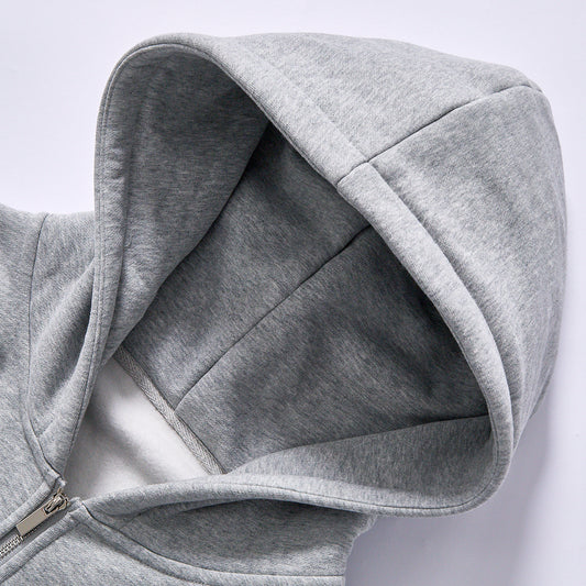custom logo popular zip up hoodie full zip hooded sweatshirt fleece french terry kangaroo pockets ribbed cuffs rib hem box relaxed fit blank heather grey zip up cotton hoodie breathable transitional outerwear