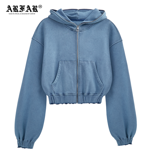 100% Cotton Acid Washed Blue Full Zip Up Hoodie