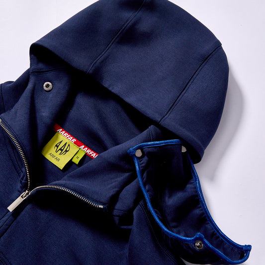 bulk wholesale zip up hooded sweatshirt rib elastic cuffs hem navy color contrast hood lining sweat jacket daily commute