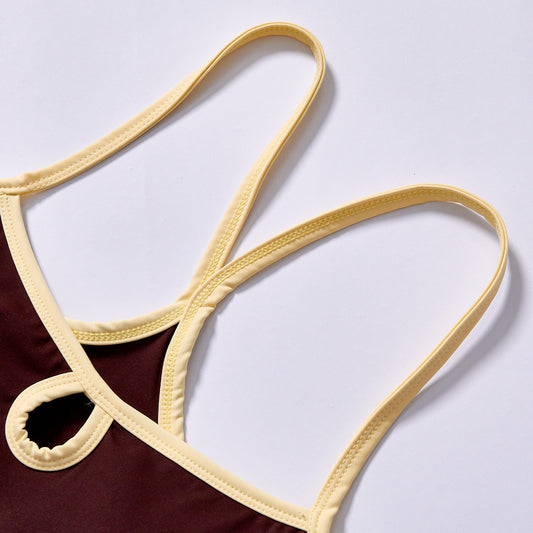 Custom Women Y back keyhole wireless sports bra cream contrast trim removable pad yoga cami 4-way stretch nylon spandex quick dry fabric jogging outdoor