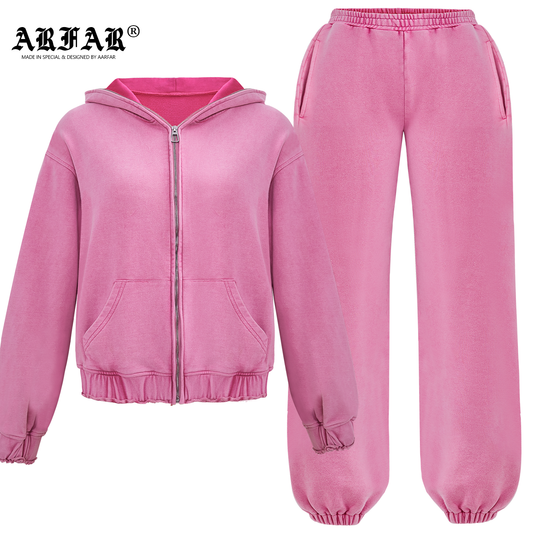 100% Cotton Acid Washed Zip Up Hoodie And Jogger Pants Set For Women