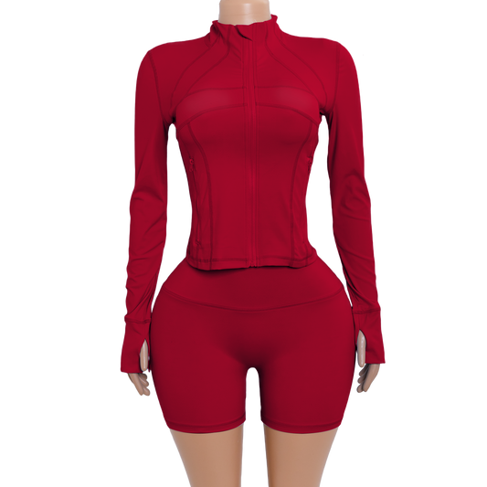 Custom Logo Two Piece Women Nylon Jacket Shorts Set pink Sport Outfit Fitness Gym Workout Wear Zipper Tracksuit Sets for Women