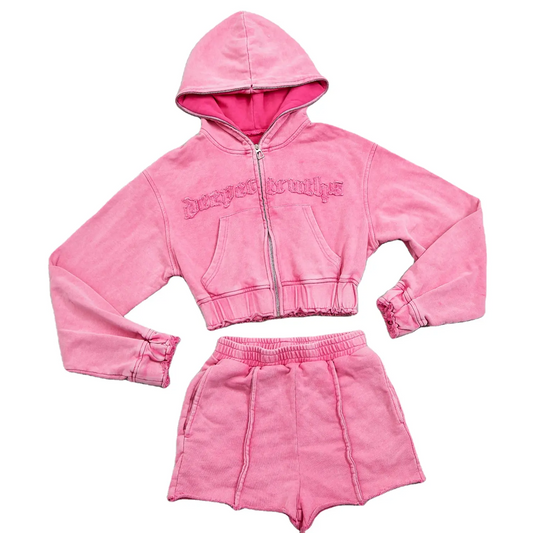 Blank Womens 2 Piece Velour Tracksuit Casual Long Sleeve Zip up Crop Top Acid Wash Distressed Hoodie and Shorts Set
