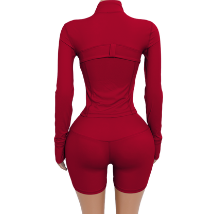 Custom Logo Two Piece Women Nylon Jacket Shorts Set pink Sport Outfit Fitness Gym Workout Wear Zipper Tracksuit Sets for Women