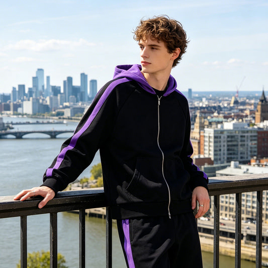 custom logo black purple color block hooded tracksuit  two piece hooded tracksuit full zip hoodie wide leg sweatpants kangaroo pocket elastic waist wide leg pants daily casual streetwear jogging leisure travel