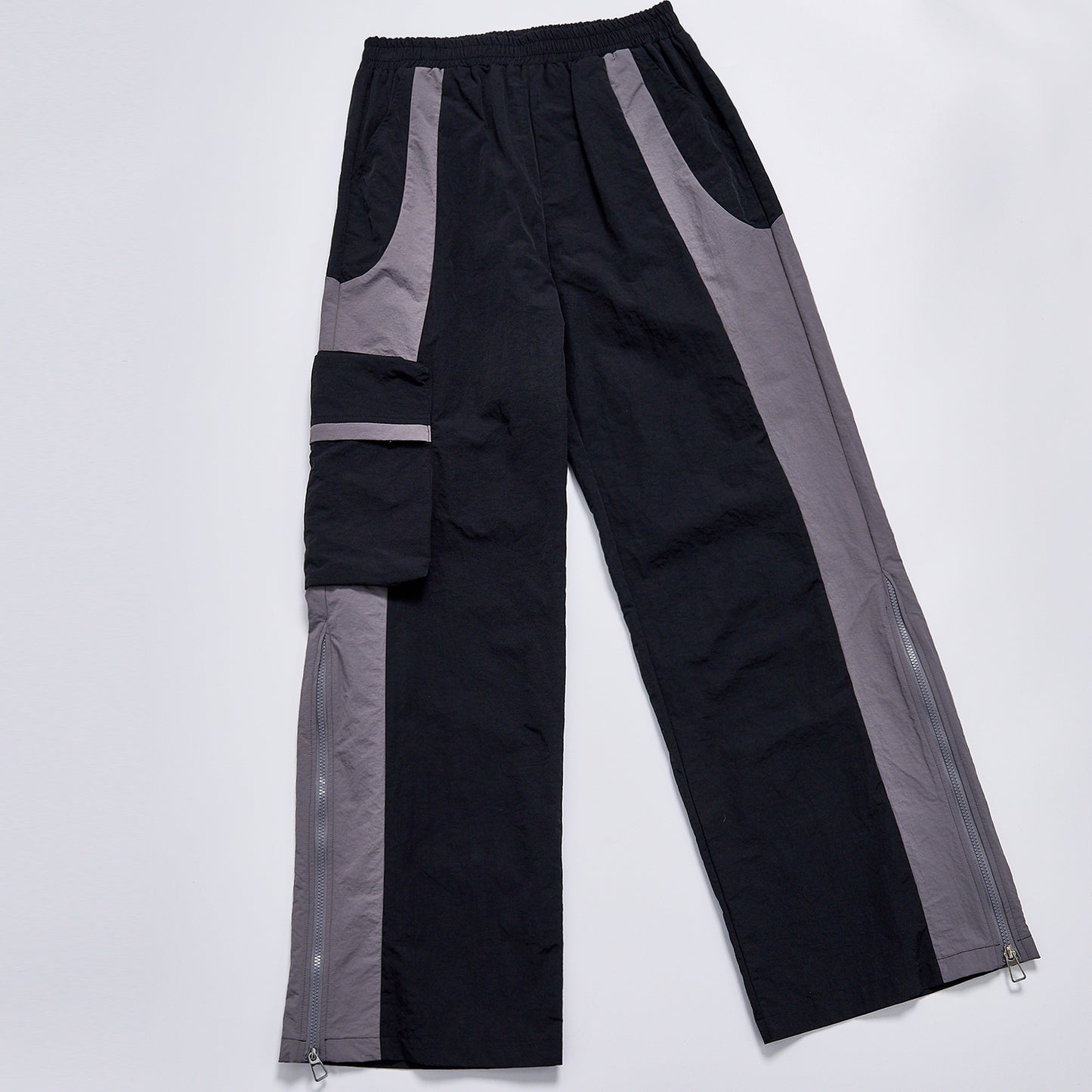 英文标题：Custom Logo Reflective Piping Contrast Color Windbreaker Fabric Unisex Elastic Waist Straight Cargo Pants Streetwear Casual Racing Track Trousers Daily Outer Bottoms