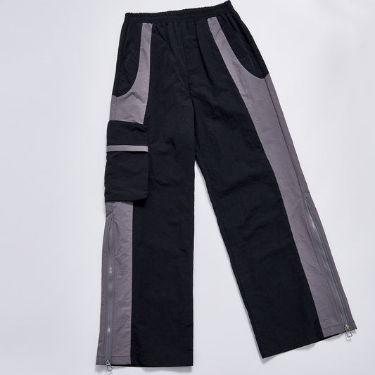 英文标题：Custom Logo Reflective Piping Contrast Color Windbreaker Fabric Unisex Elastic Waist Straight Cargo Pants Streetwear Casual Racing Track Trousers Daily Outer Bottoms