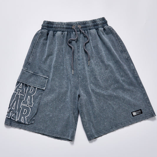Vintage Washed Cargo Shorts Unisex Summer Elastic Waist Drawstring Letter Print Loose Streetwear Casual Knee Length Sweat Shorts