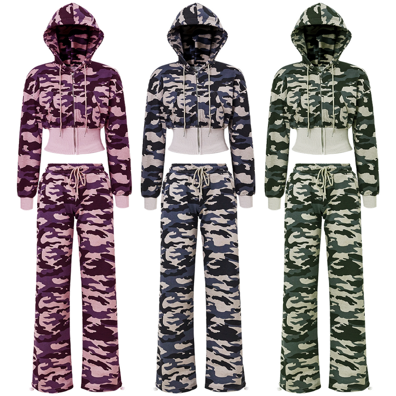 Camo Cropped Zip Hoodie with Contrast Rib