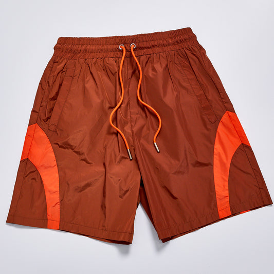 Custom Logo Curved Panel Contrast Color Nylon Unisex Elastic Waist Drawstring Streetwear Casual Racing Sport Shorts Beach Board Shorts