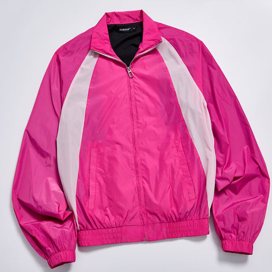 Contrast Panel Color Block Windbreaker Unisex Spring Stand Collar Zip Up Loose Track Jacket Bright Hot Pink Streetwear Casual Racing Outerwear