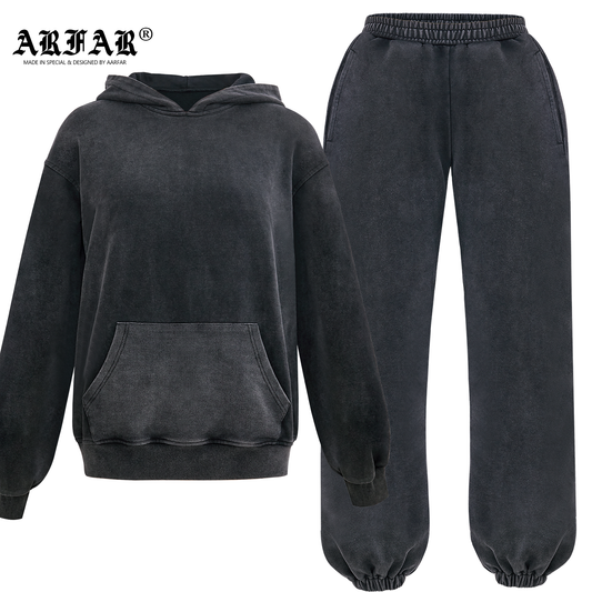 100% Cotton Acid Washed Hooded Sweater And Jogger Pants Set For Women