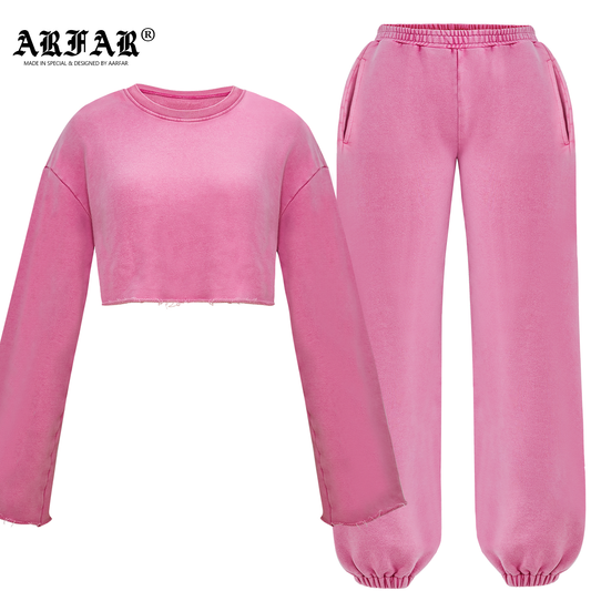 100% Cotton Short Long Sleeved Crop Top And Jogger Pants Set For Women