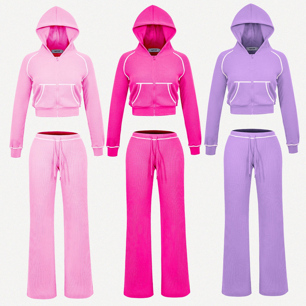 Women Hooded Jacket Tracksuits Workout Waffle Knit Zipper Sweatshirts Cotton Long Sleeve Outfit Gym Crop Cardigan Streetwear
