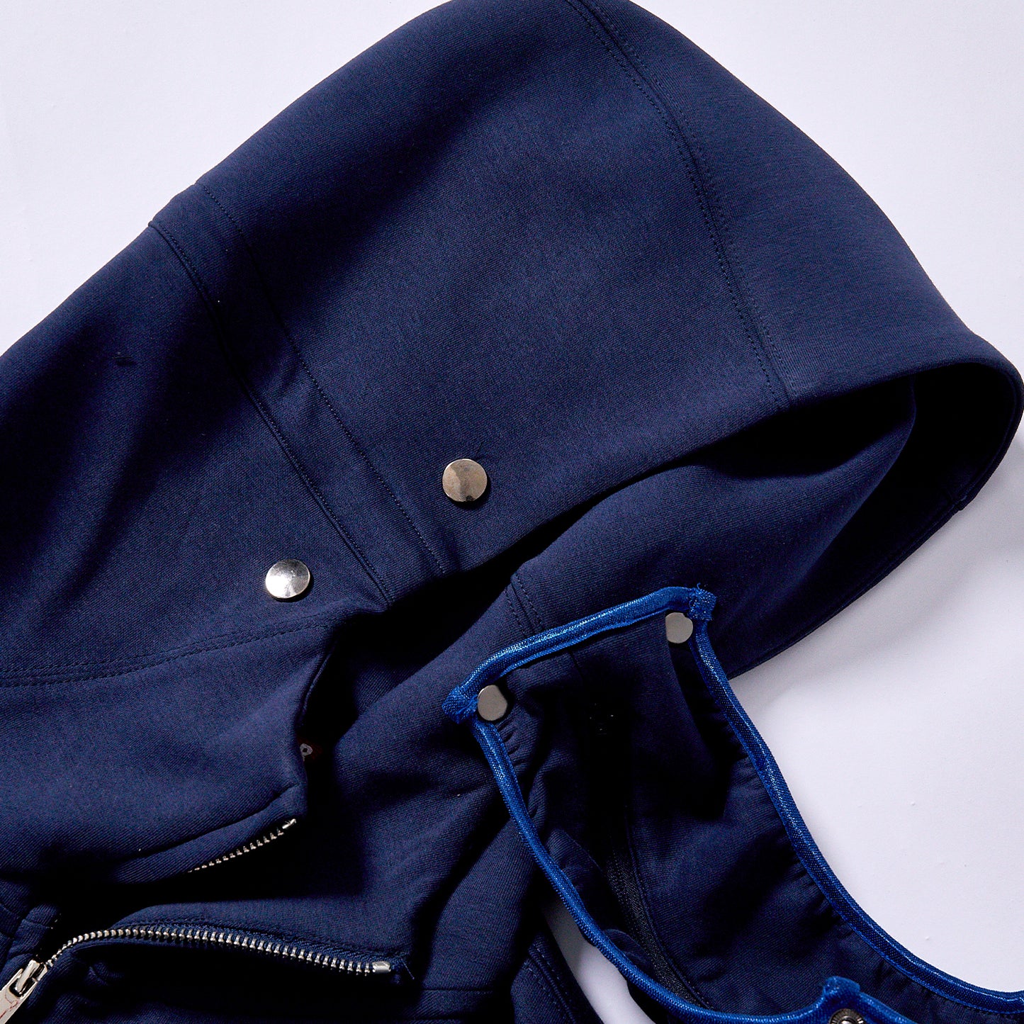 bulk wholesale zip up hooded sweatshirt rib elastic cuffs hem navy color contrast hood lining sweat jacket daily commute