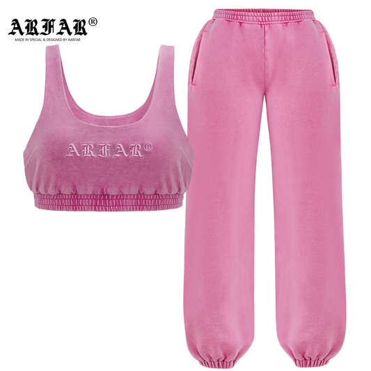 100% Cotton Acid Washed Crop Tops And Jogger Pants Set For Women