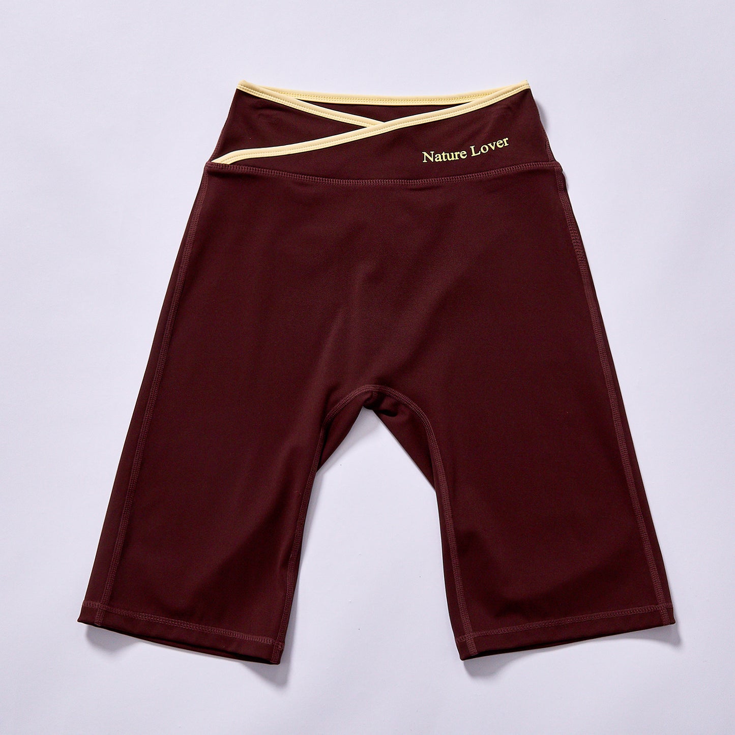 Custom Women Wine Red Cross Wrap Contrast Trim High Waist Biker Shorts Nude Soft 4 Way Stretch Butt Lifting Squat Proof Gym Yoga Cycling Sports Shorts