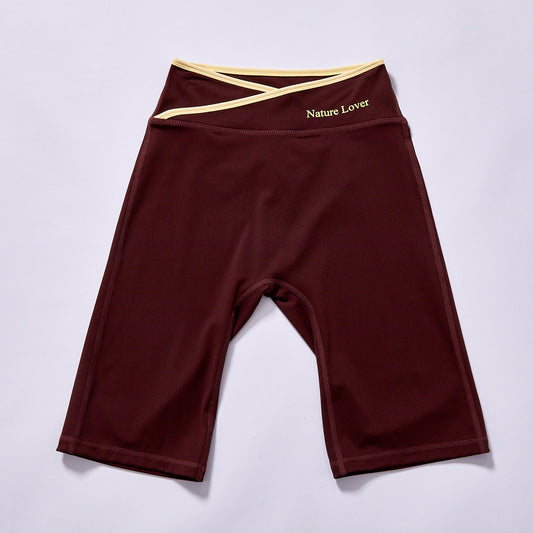 Custom Women Wine Red Cross Wrap Contrast Trim High Waist Biker Shorts Nude Soft 4 Way Stretch Butt Lifting Squat Proof Gym Yoga Cycling Sports Shorts