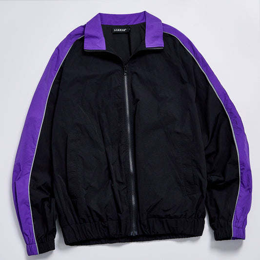 Custom Logo Reflective Piping Contrast Color Windbreaker Unisex Spring Stand Collar Zip Up Loose Jacket Streetwear Casual Racing Track Jacket Outerwear Black Purple Splicing