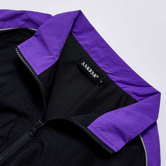 Custom Logo Reflective Piping Contrast Color Windbreaker Unisex Spring Stand Collar Zip Up Loose Jacket Streetwear Casual Racing Track Jacket Outerwear Black Purple Splicing