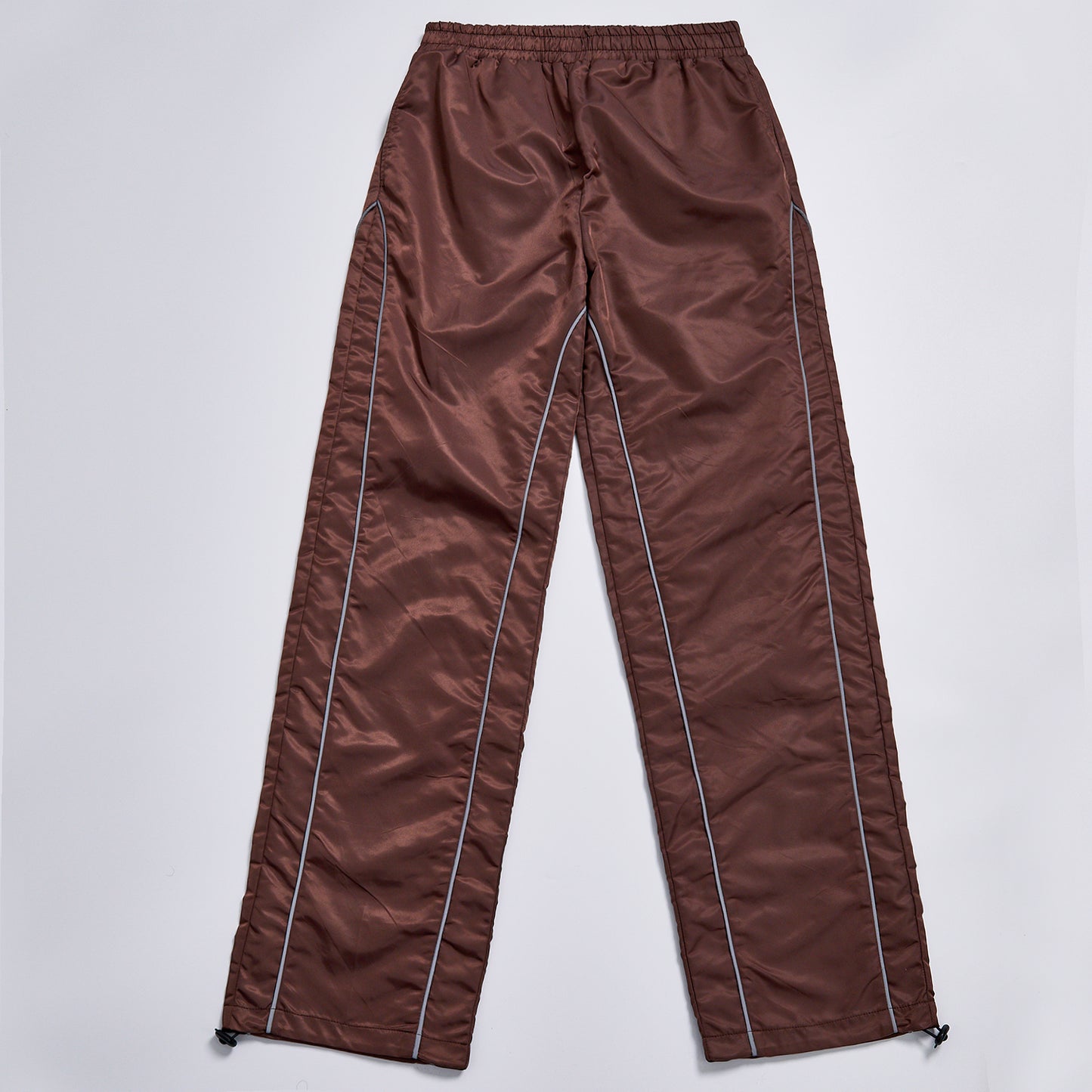 Custom Logo Reflective Piping Contrast Brown Windbreaker Pants Unisex Elastic Waist Drawstring Hem Streetwear Casual Racing Track Trousers