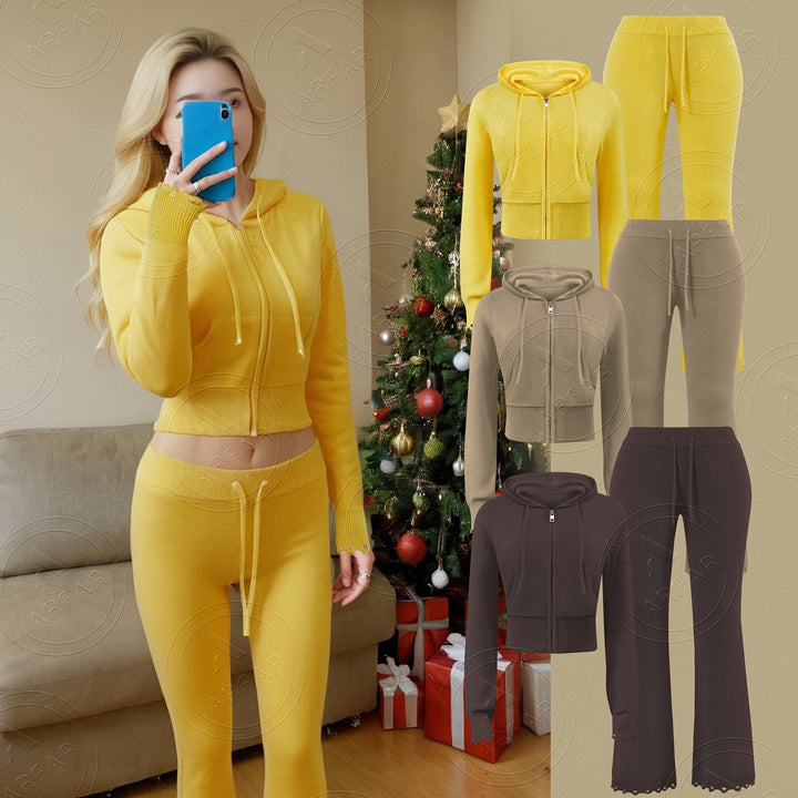 Knit Hoodie & Flared Pants Set