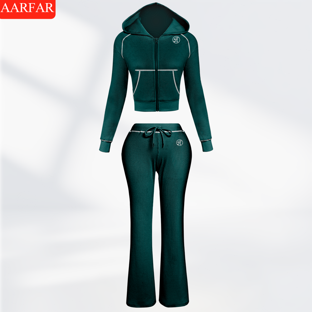 Two Piece Set Women Clothing Manufacturers Custom Silicone logo Waffle Knit Long Sleeve Sweatsuit Outfits for Women