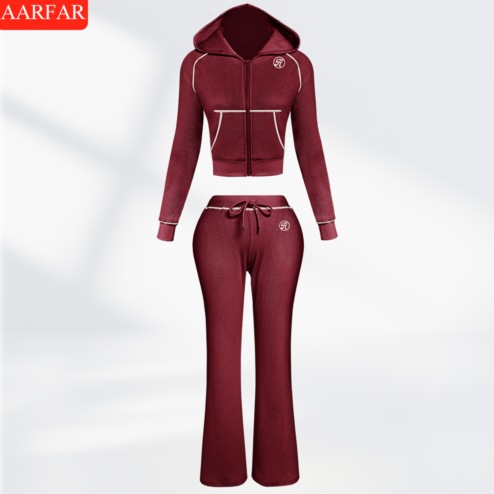 Two Piece Set Women Clothing Manufacturers Custom Silicone logo Waffle Knit Long Sleeve Sweatsuit Outfits for Women