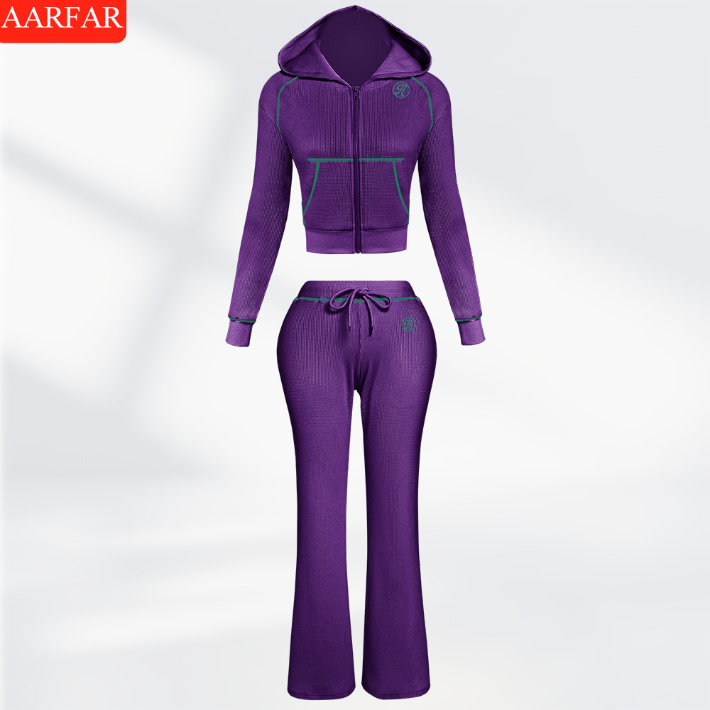 Two Piece Set Women Clothing Manufacturers Custom Silicone logo Waffle Knit Long Sleeve Sweatsuit Outfits for Women