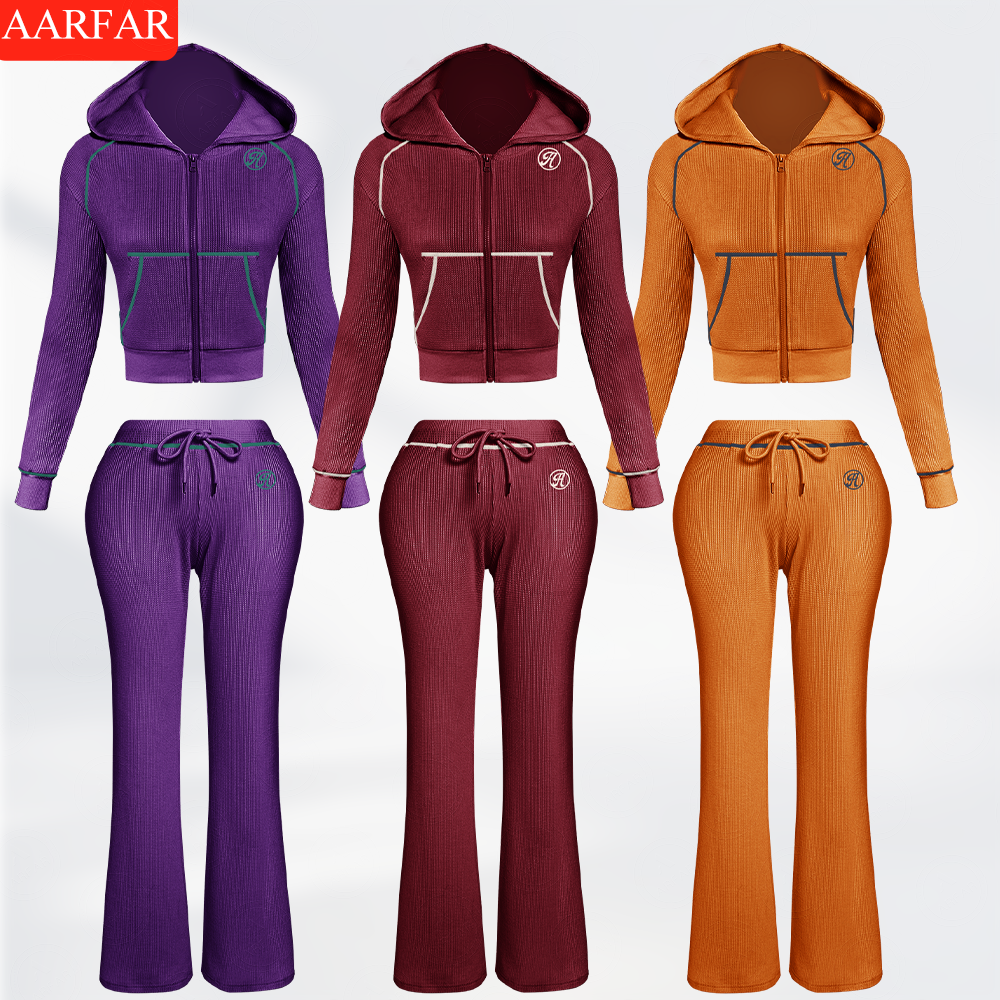 Two Piece Set Women Clothing Manufacturers Custom Silicone logo Waffle Knit Long Sleeve Sweatsuit Outfits for Women