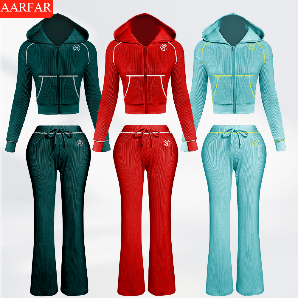Two Piece Set Women Clothing Manufacturers Custom Silicone logo Waffle Knit Long Sleeve Sweatsuit Outfits for Women