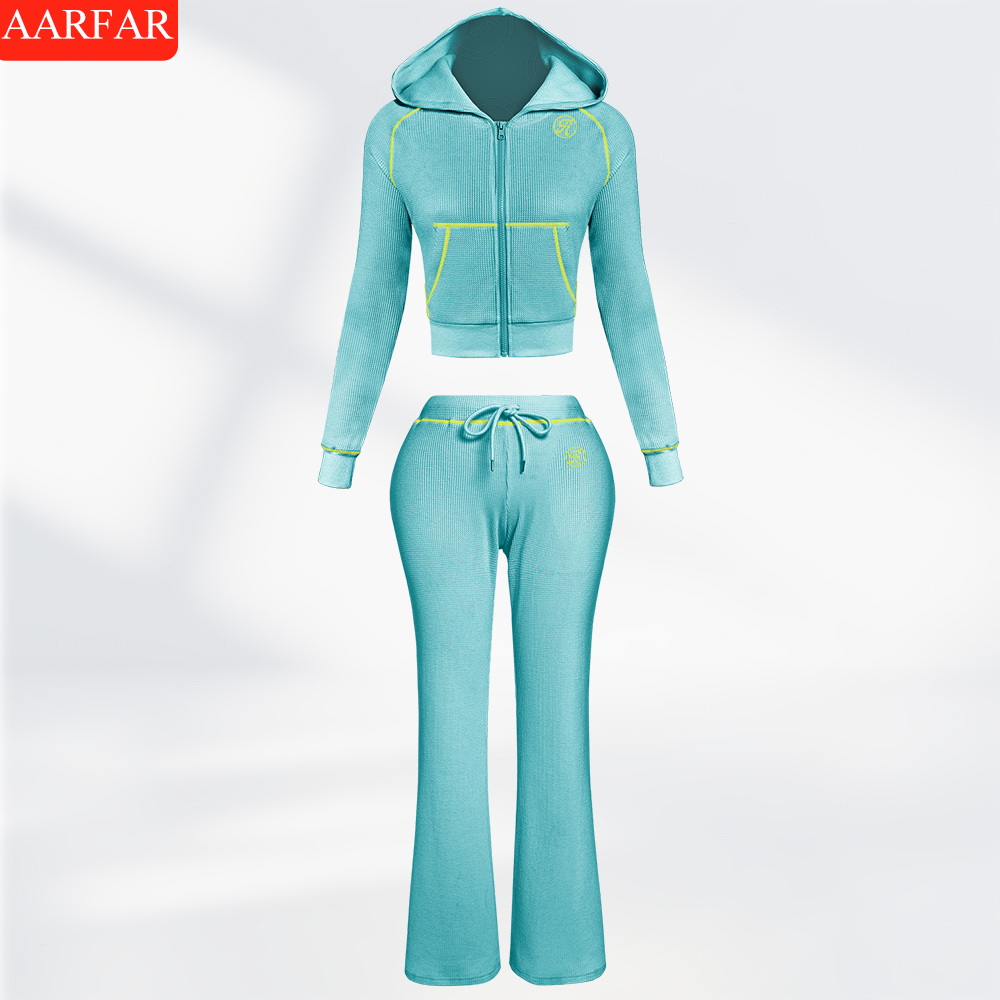 Two Piece Set Women Clothing Manufacturers Custom Silicone logo Waffle Knit Long Sleeve Sweatsuit Outfits for Women