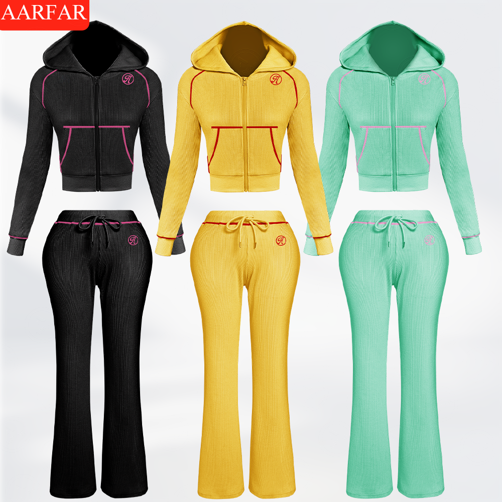 Two Piece Set Women Clothing Manufacturers Custom Silicone logo Waffle Knit Long Sleeve Sweatsuit Outfits for Women
