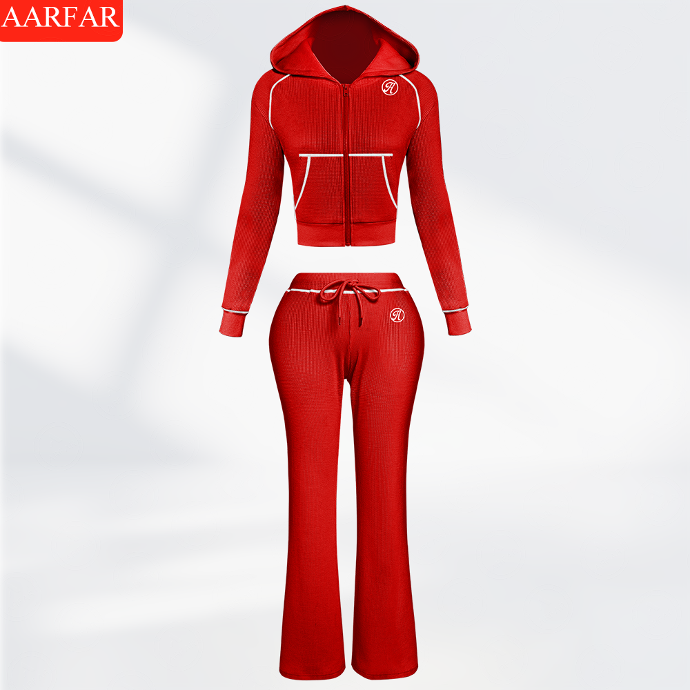 Two Piece Set Women Clothing Manufacturers Custom Silicone logo Waffle Knit Long Sleeve Sweatsuit Outfits for Women
