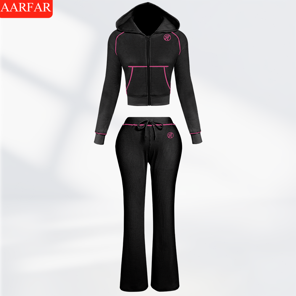 Two Piece Set Women Clothing Manufacturers Custom Silicone logo Waffle Knit Long Sleeve Sweatsuit Outfits for Women