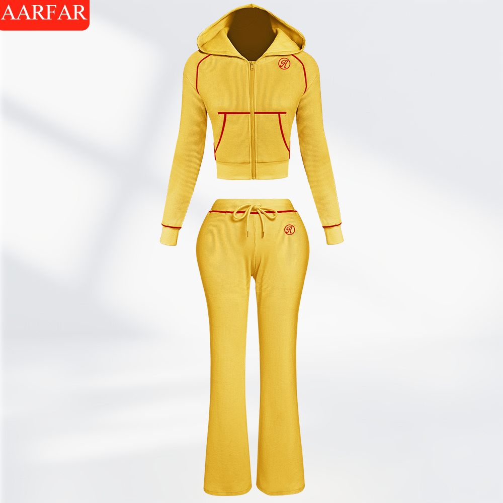 Two Piece Set Women Clothing Manufacturers Custom Silicone logo Waffle Knit Long Sleeve Sweatsuit Outfits for Women
